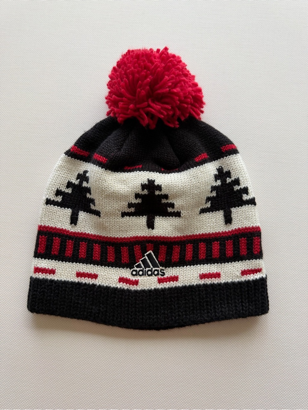 adidas Black White Red Pom Beanie Hat with Tree Pattern